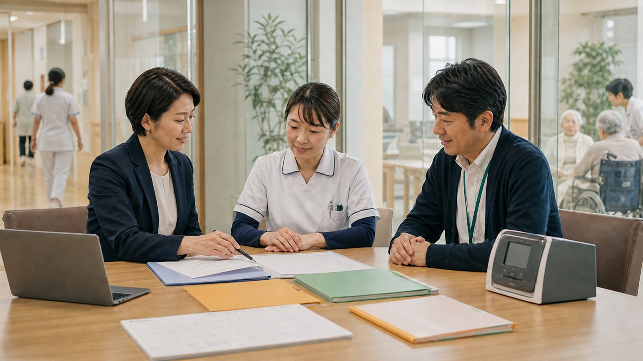 医療・介護施設の担当者と給与計算の資料を確認する写真